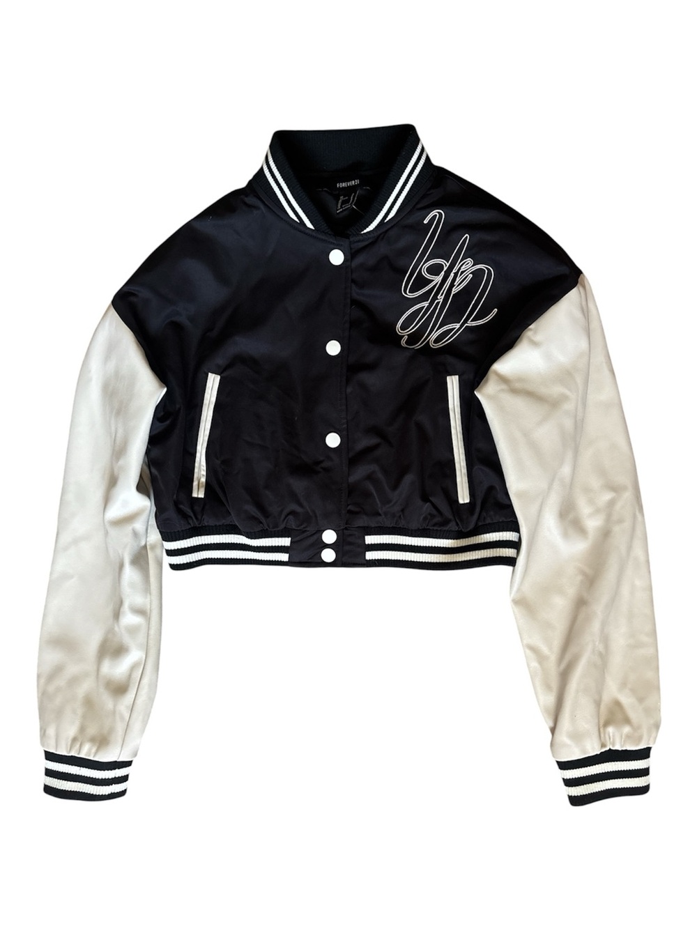 Forever 21 Cropped Black & White Satin Varsity Bomber Jacket